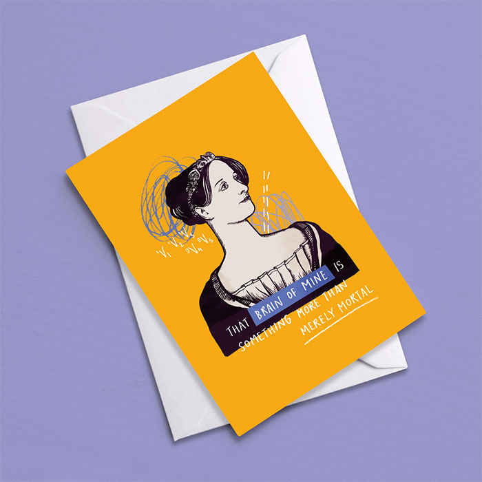 greetings card featuring illustration of ada lovelace and a quotation