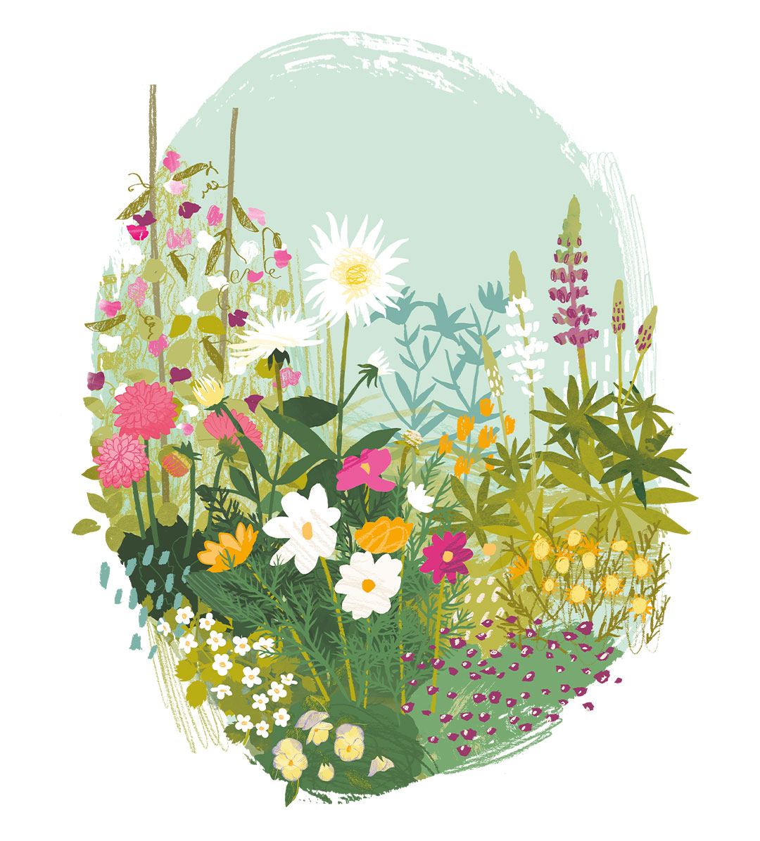 an illustration of a cottage garden by Rebecca Wright